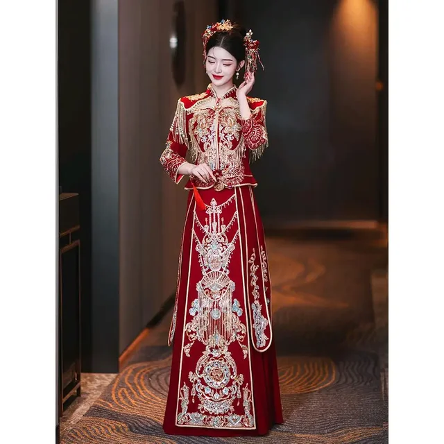 Shuhe robe de mariée de luxe pour femmes 2025 nouveau Style robe de mariée fortement ornée Dragon chinois et Phoenix Motif robe de bal – Image 5