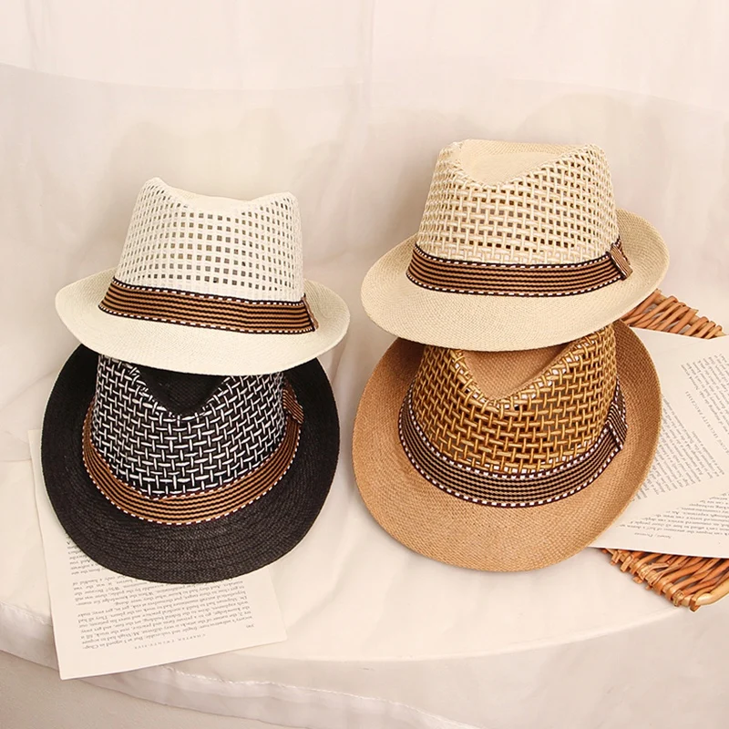 Chapeau de paille respirant pour enfants, petit chapeau haut de forme pour enfants, crème solaire d'été coréenne, chapeau de plage britannique rétro, chapeau de jazz masculin, chapeau de soleil pour enfants