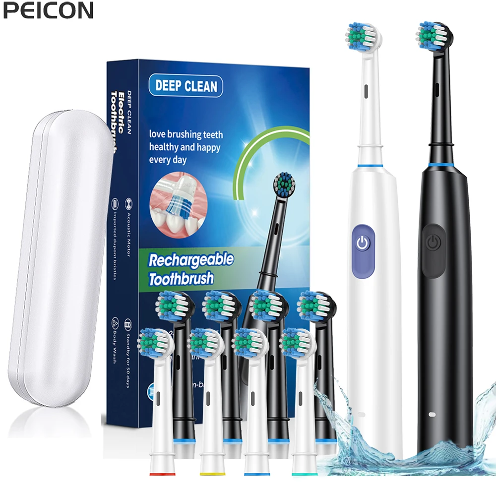 Brosse à dents électrique rotative, Rechargeable, pour adultes, brosses à dents électriques rotatives avec 8 têtes de brosse souples