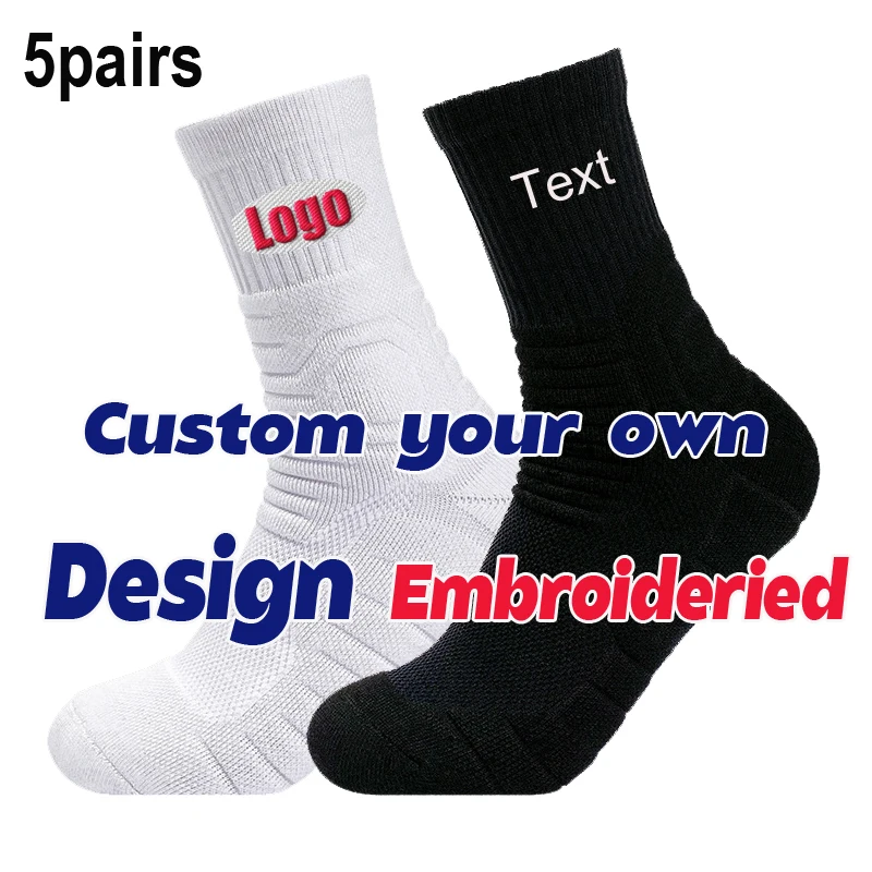 5 pairs Custom Embroidery Logo Socks Adult Cushioned Sport Socks Basketball Thick Terry Sporty Socks Personalized