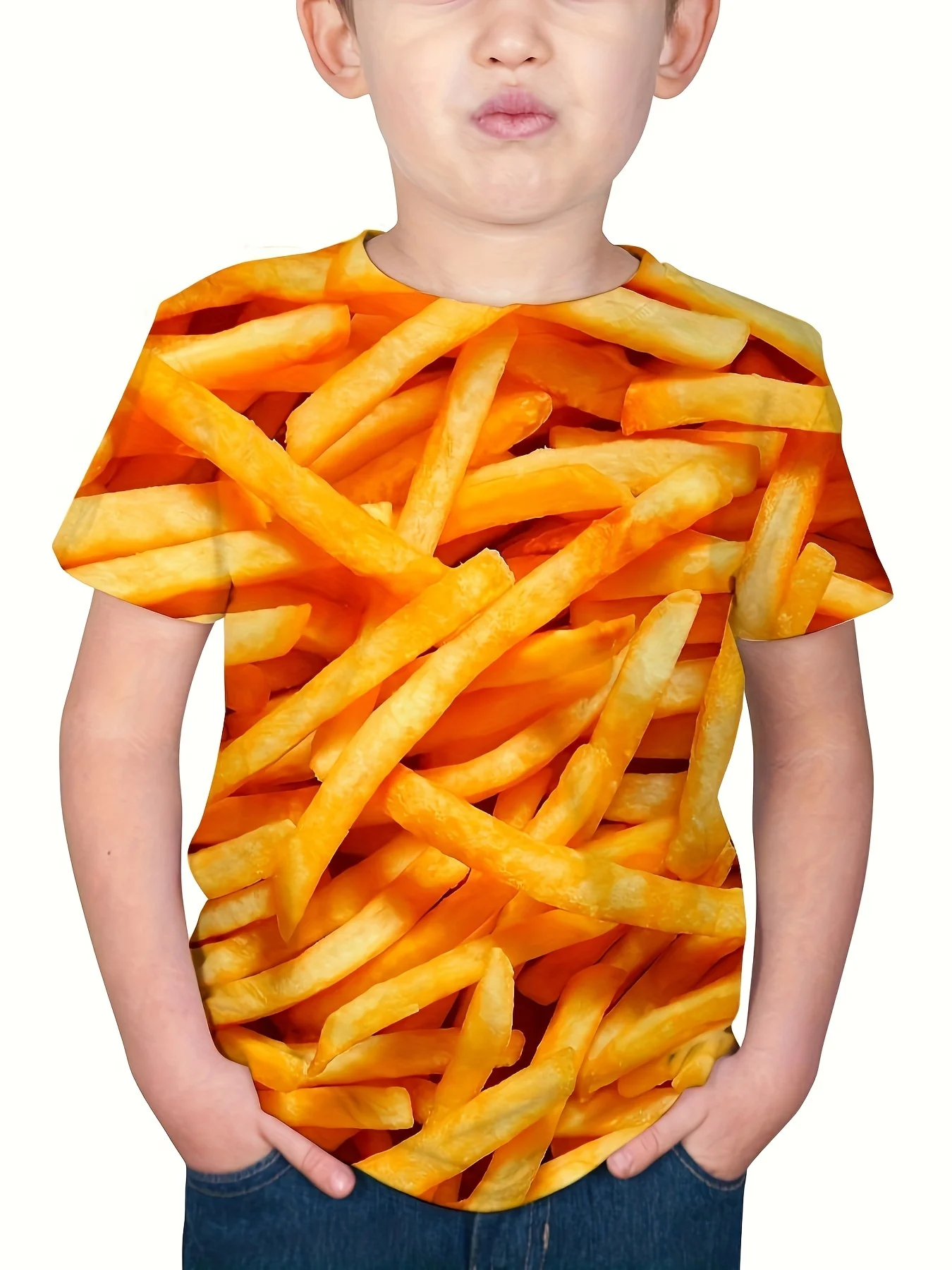 T-shirt tendance pour garçon, imprimé 3D de frites, manches courtes, col rond, décontracté, confortable, été