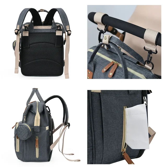 Sac à couches de lit pliable, sac pour maman, sucette de grande capacité, sac à dos pour bébé avec sac de bouteille isolé, sac suspendu pour poussette de bébé – Image 3