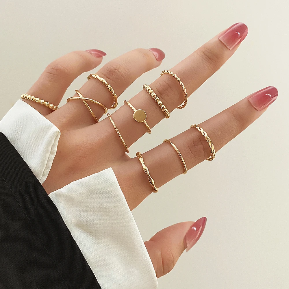 IPARAM Vintage simplicité irrégulière couleur or anneaux en métal à la mode torsion hélicoïdale Styles mixtes anneaux ensemble bijoux cadeaux