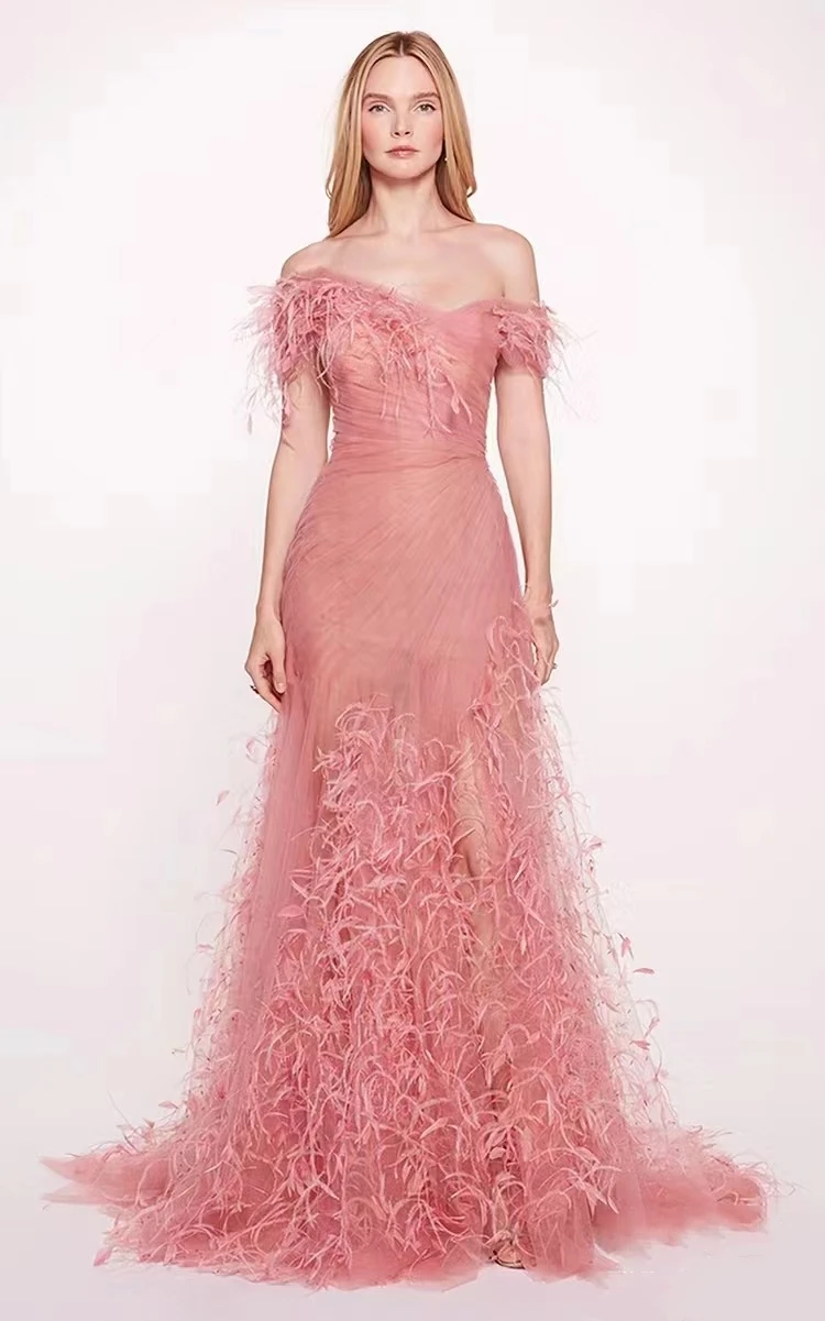 Robes de Rhsirène fendues sans bretelles pour femmes, volants en tulle, occasion formelle, quelle que soit la longueur du sol, plume de luxe
