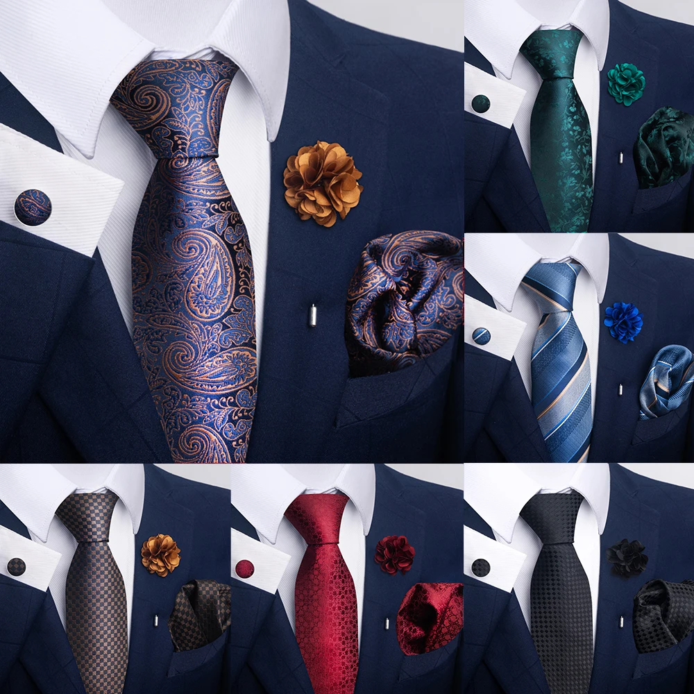 Cravates de luxe pour hommes, cravates florales noires et dorées, Paisley, boutons de manchette carrés de poche, ensemble de broches, cravate de fête de mariage pour hommes
