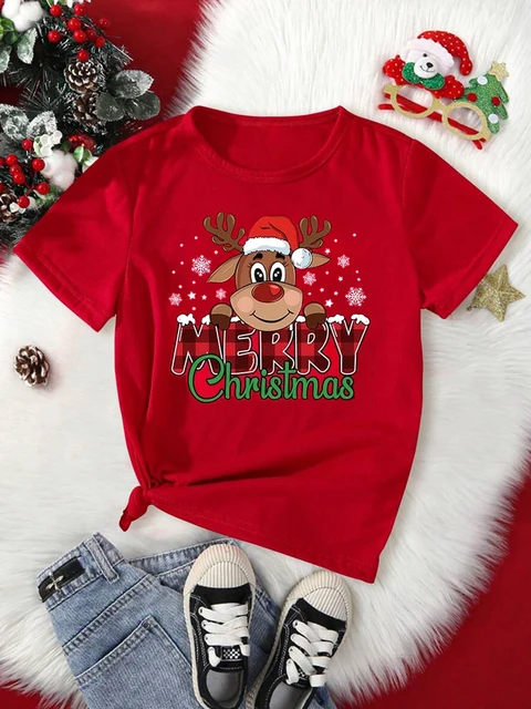 Joyeux noël mignon renne imprimé rouge T-Shirts pour femmes décontracté à manches courtes col rond T-Shirts dames fête de noël hauts – Image 6