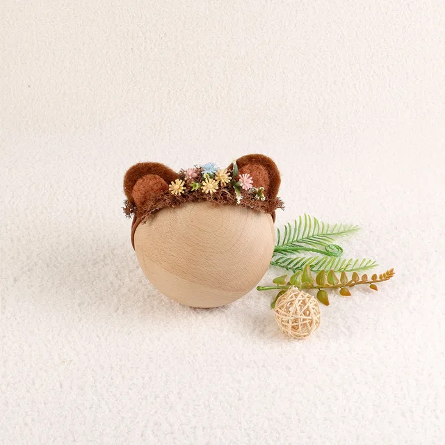 Bandeau de sauna en feutre de laine avec oreilles d'ours, accessoires de photographie pour nouveau-né, embrasse florale pour bébé, vêtements de sauna pour studio photo – Image 6