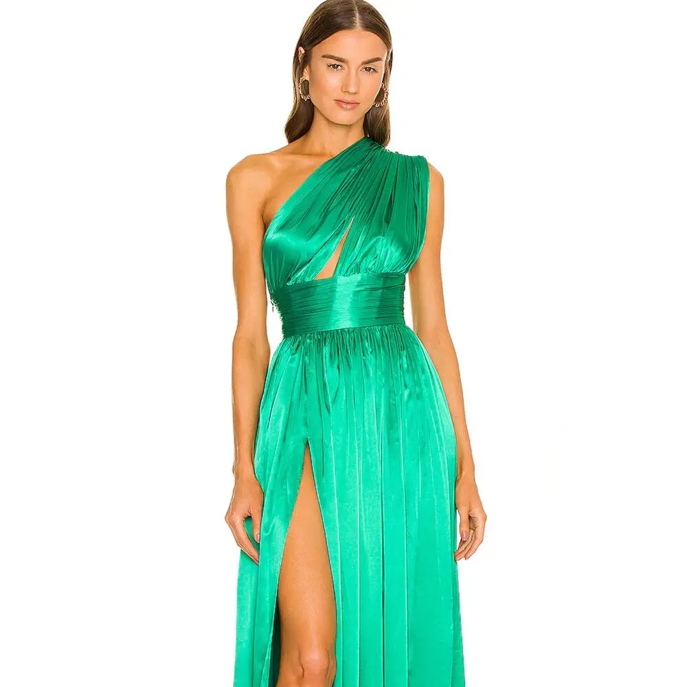 Robe de Soirée en Satin Vert Plissé pour Femme, Tenue de Bal Formelle, Fendue sur le Côté, Longueur au Sol