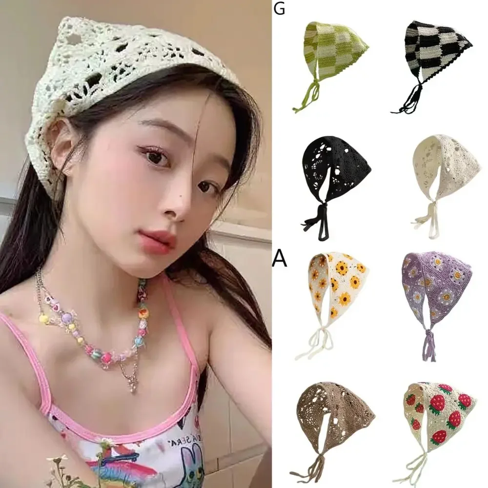 Bandeau Triangle de Style pastoral français, fait à la main, fleur au Crochet, fraise, chapeau tricoté, serviette pour filles