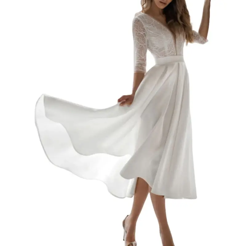 Robe de plage blanche fluide en mousseline de soie, robe de soirée à manches mi-longues et col V profond, dentelle, grand nœud à licou, robe de zone ecoming, 2024