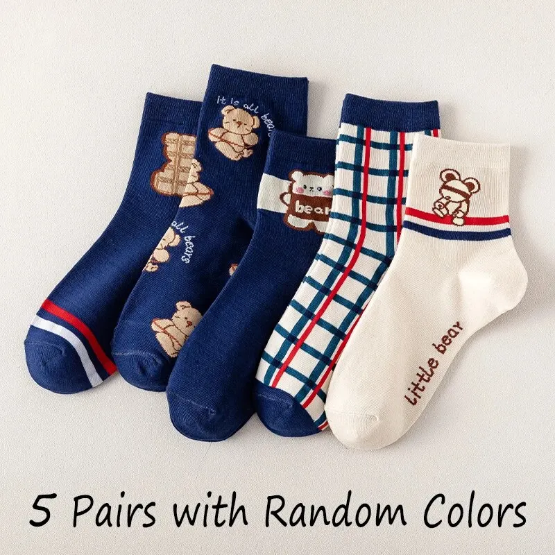 Chaussettes mi-mollet à rayures mignonnes pour femmes, ours de dessin animé, beau, jeune, à la mode et confortable, 4 saisons, printemps, 5 paires