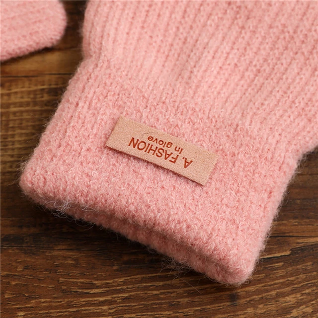 Gants chauds d'hiver pour femmes, gants coréens pour écran tactile, trous pour les doigts, gants tricotés de couleur unie, mitaines intérieures en peluche – Image 4