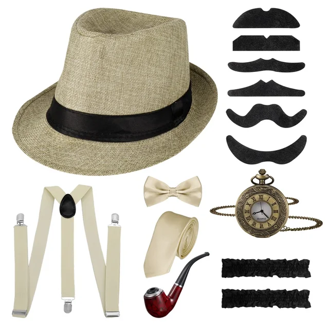 8 Pcs 1920S Mens Gatsby Gangster Costume Newsboy Jazz Dance Party Prom Cosplay Show Grandpa Accessories Set 1 Set Cowboy Caps – Image 2