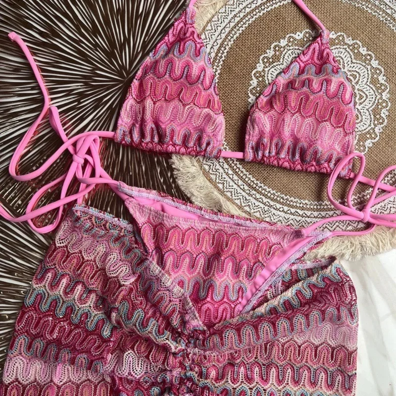 Knitbikini ensemble de trois maillots de bain rayés Sexy moyen âge fibre de Polyester Style plage imprimé Bikini tricoté