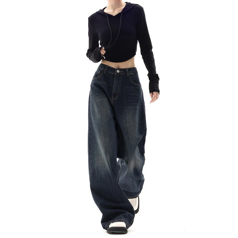 Pantalon à jambes larges Style de rue rétro, Design de Niche, longueur au sol, taille haute, coupe ample, jean amincissant pour femmes