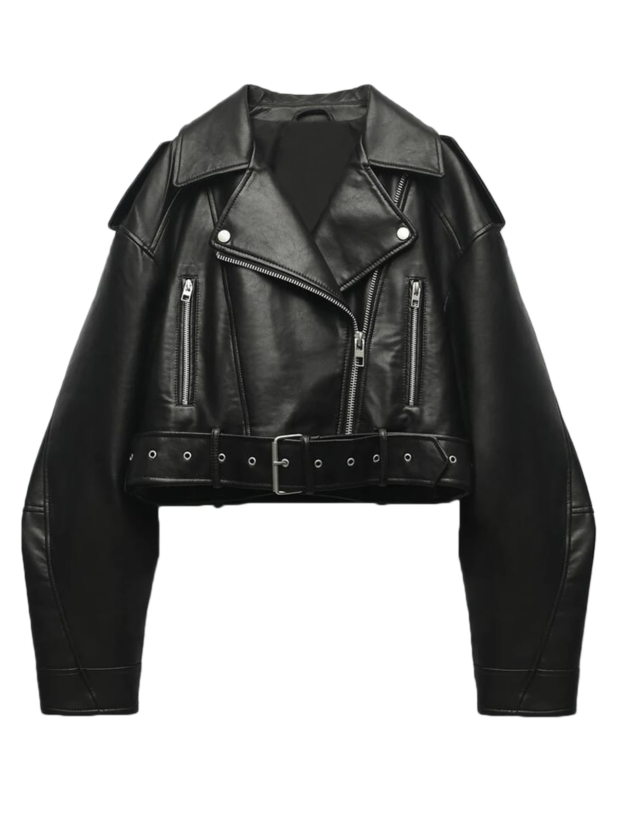 Fitaylor femmes Faux veste en cuir PU décontracté dame revers fermeture éclair courte veste en cuir haute rue moto manteau