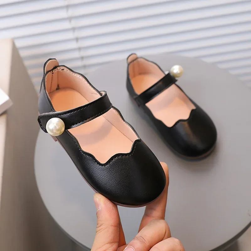 Chaussures en cuir pour filles, pour fête de mariage, couleur unie, chaussures de princesse pour enfants avec grande perle, bout rond, mocassins peu profonds pour enfants