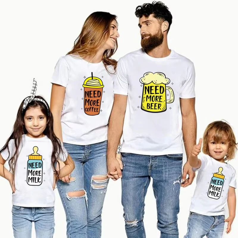 25 tenues assorties pour la famille, besoin de plus de bière, café, lait, Look familial drôle, t-shirt, vêtements pour bébé, père, mère, fille, fils