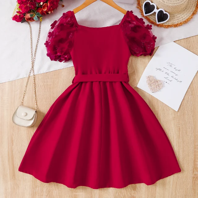 Robe d'été mignonne pour filles, manches en maille, col rond, robe de princesse pour enfants, fête d'anniversaire, mariage, ceinture détachable, robe moelleuse rouge – Image 2