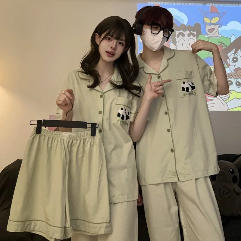 Couple Pajamas Cartoon Green Plaid Panda Summer and Fall Men's Casual Loose Some Elastic Home Clothing Suit Can Be Worn Outside
