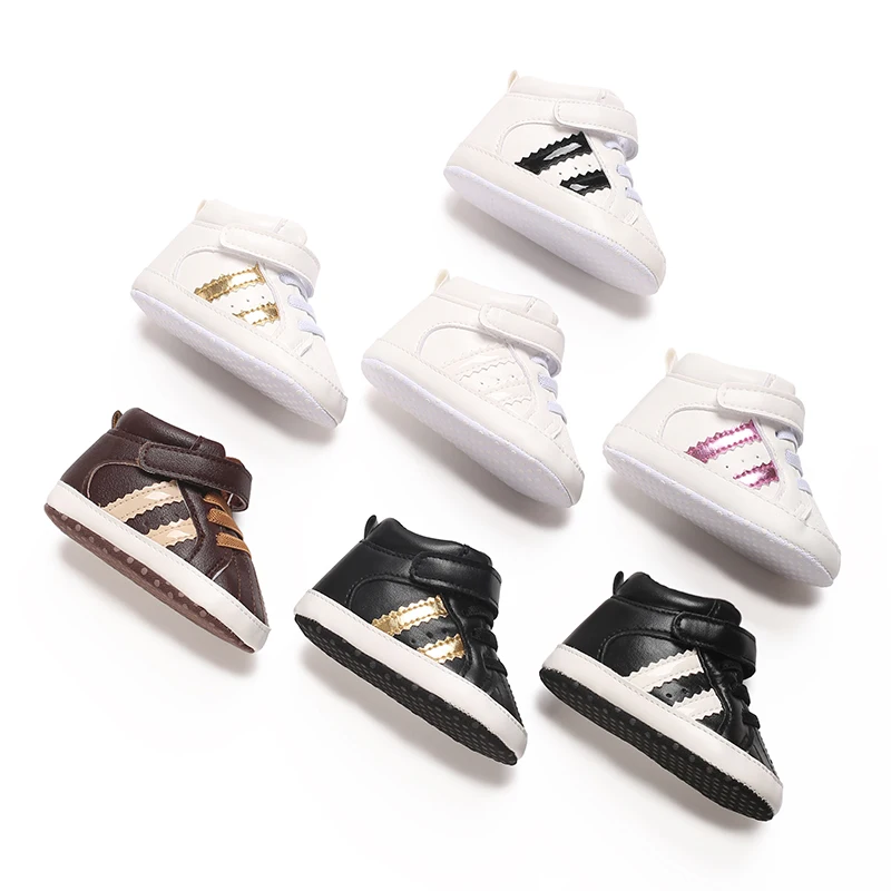 Chaussures pour nouveau-né garçon de 0 à 18 mois, chaussures de sport décontractées à rayures en PU, semelle souple, chaussures de marche confortables