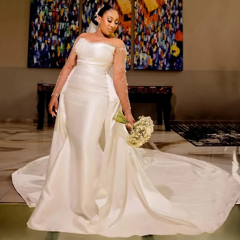 Robe de Mariée de Jardin Personnalisée avec Perles Kendny et Paillettes, Manches sulf, Aso Ebi, Trompent, Poignées Amovibles, pour Patients