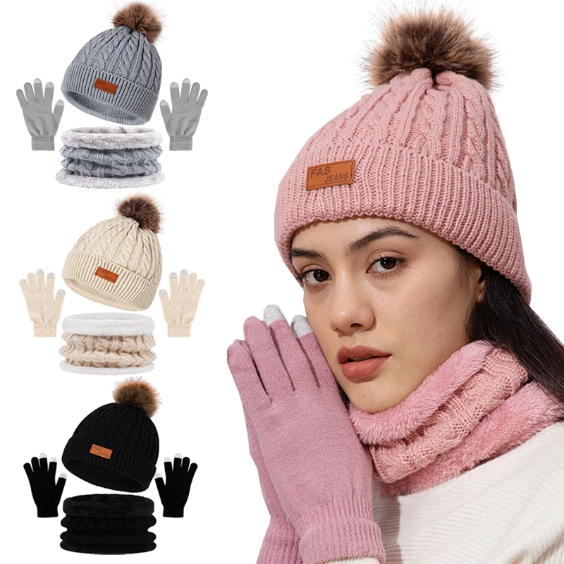 3 pièces/ensemble femmes hiver chapeau écharpe gants fausse fourrure boule adolescente filles tricoté bonnet cou plus chaud costume oreilles chaudes femme casquette ensemble