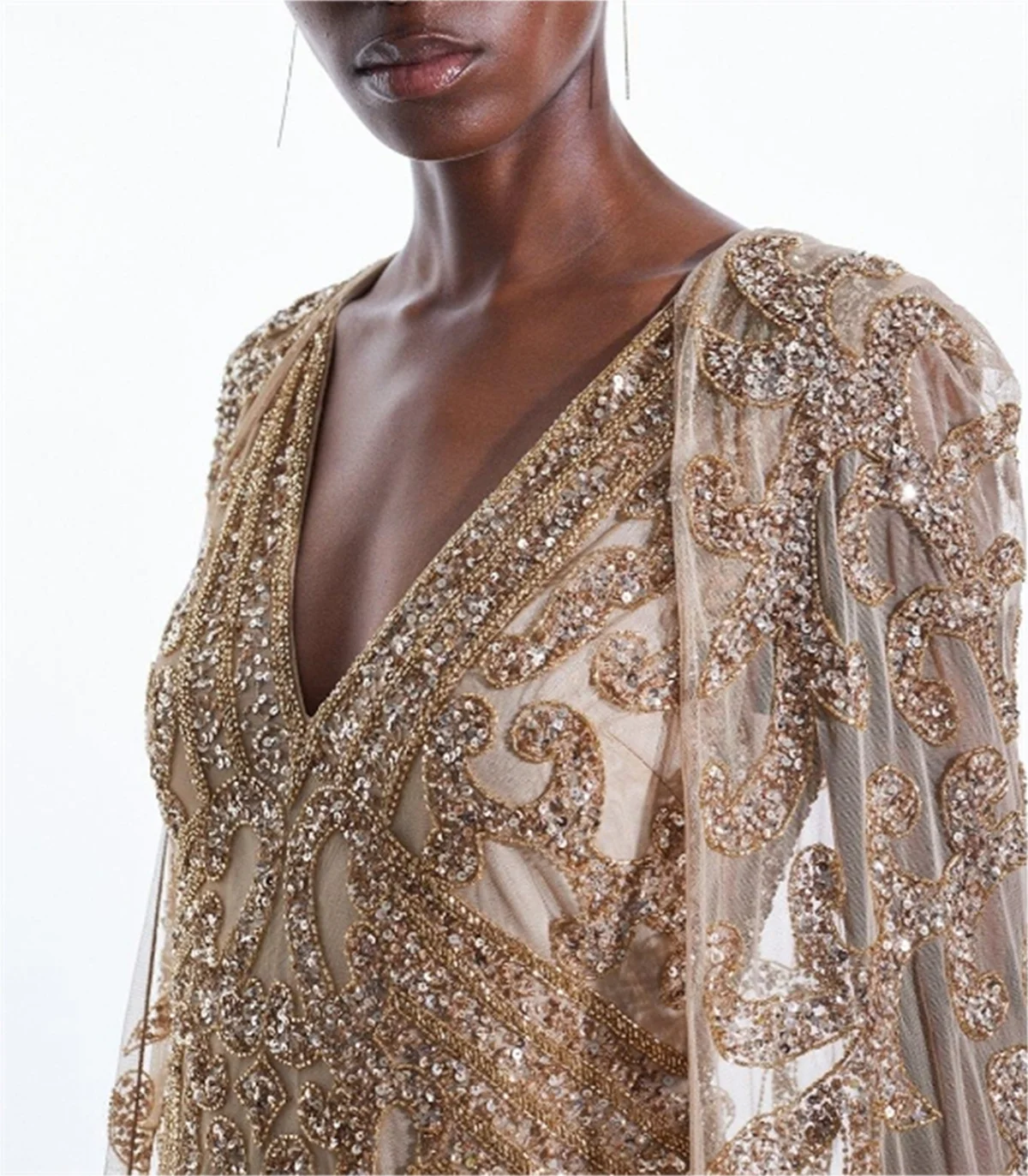 Robe de Soirée de Luxe à Paillettes Champagne, avec Broderie de Perles de Diamant, Sirène, Manches, Bonnet Sexy, Tulle Transparent Personnalisé