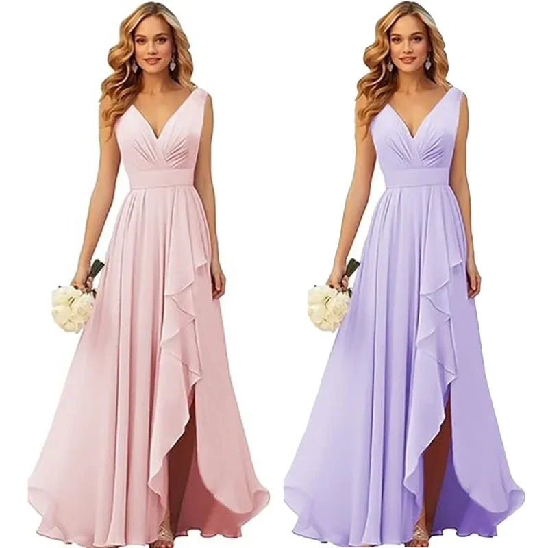 Robes de demoiselle d'honneur élégantes, col en V, en mousseline de soie plissée, fente haute, dos nu, robes de soirée formelles pour invités de fête de mariage, longueur au sol, 2025
