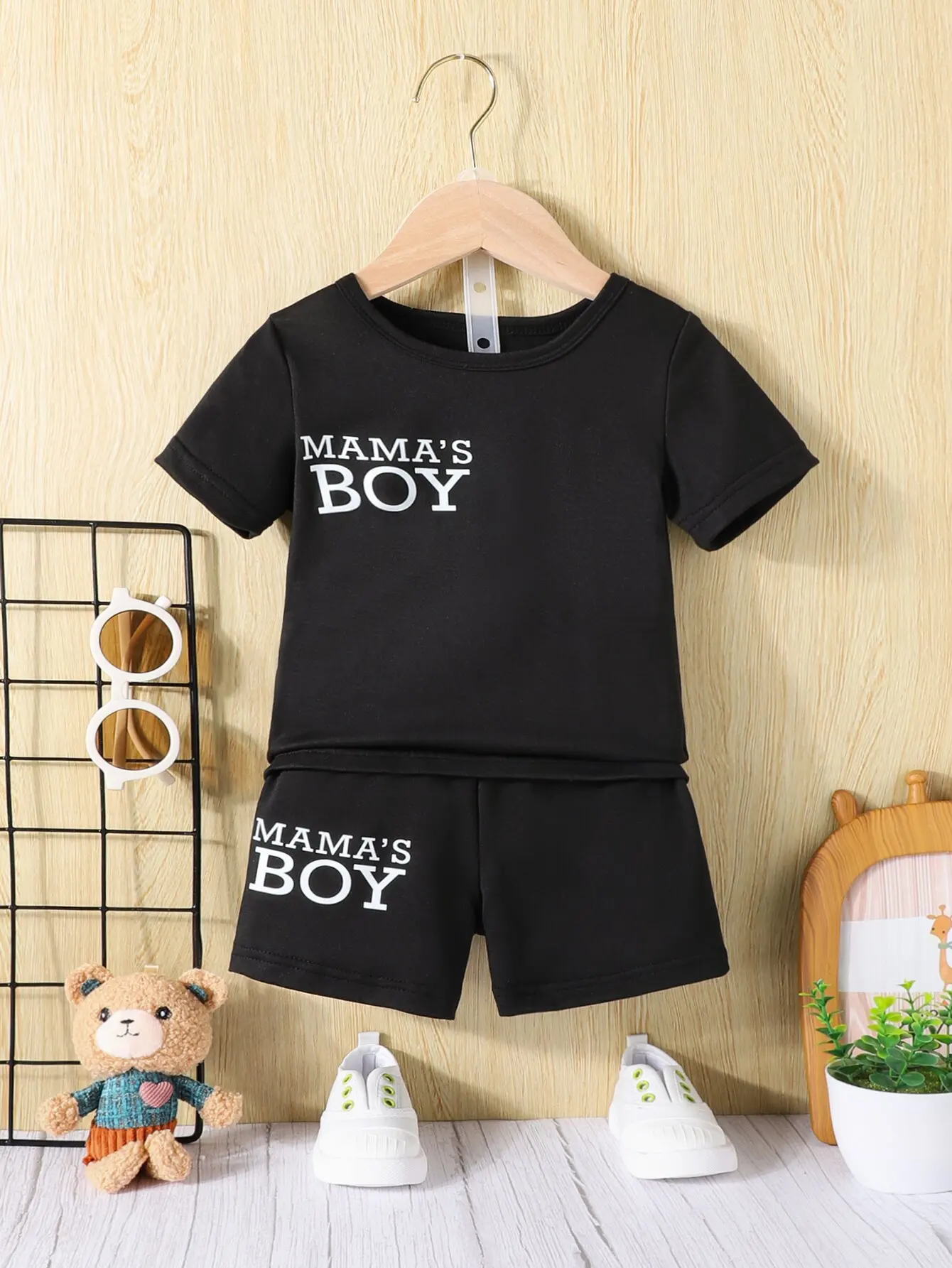 Short d'été noir à manches courtes pour bébé garçon, sport décontracté, extérieur, confortable, respirant, imprimé alphabet, ensemble bébé, 2 pièces