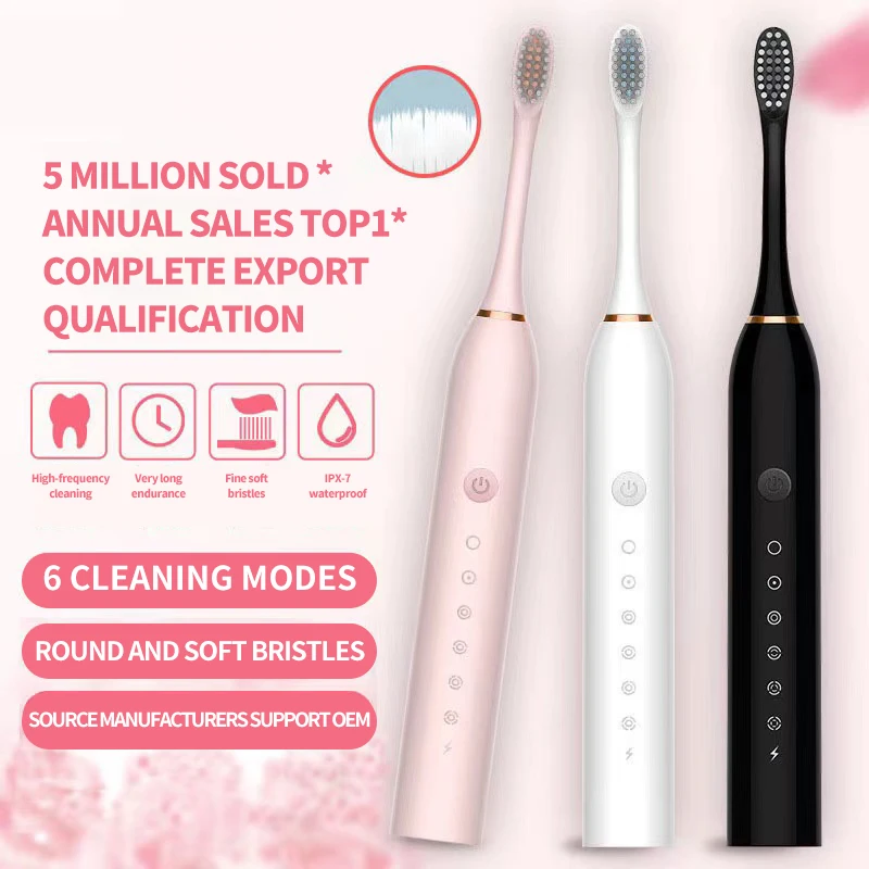 Brosse à dents électrique sonique pour adultes, étanche IPX7, tête de brosse DuPont, aste par USB, livres morts élevés, 6 modes de livres