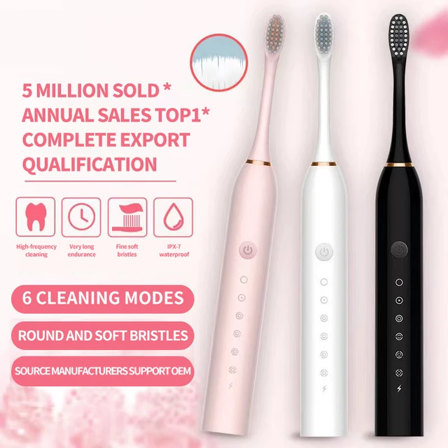Brosse à dents électrique sonique pour adultes, étanche IPX7, tête de brosse DuPont, aste par USB, livres morts élevés, 6 modes de livres