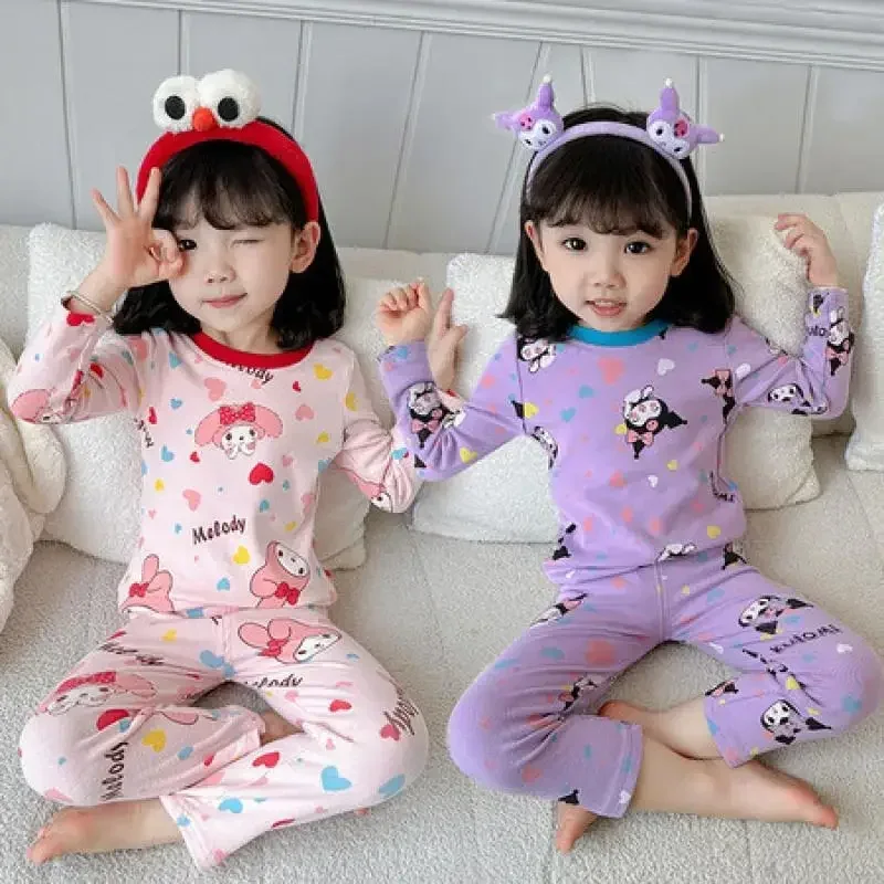 Pyjama Anime Kawaii Sanurgente pour enfants, Kuromi My Melody, sous-vêtements thermiques pour filles, vêtements de nuit mignons pour enfants, vêtements de maison, automne, ensemble de 2 pièces