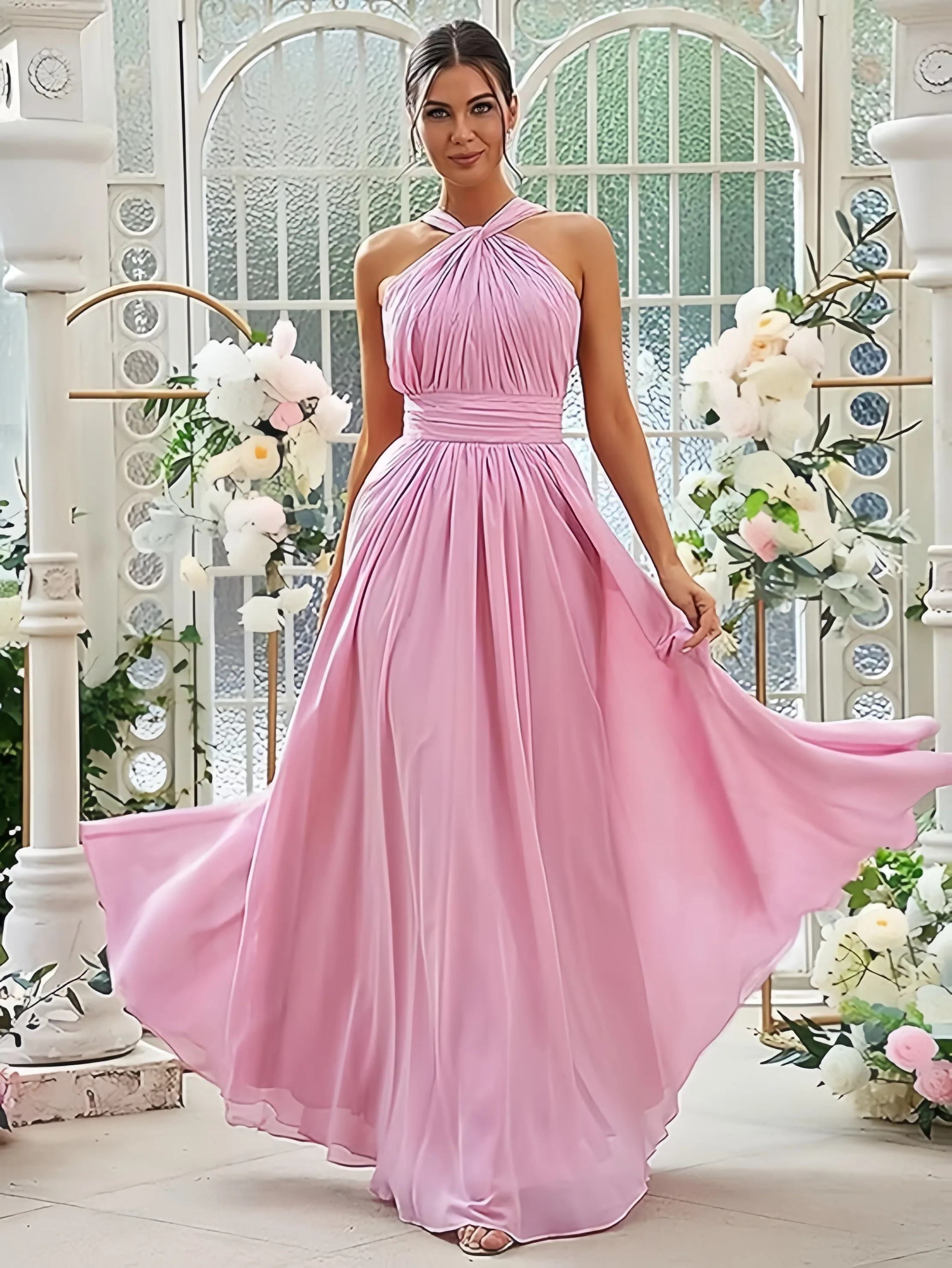Robes de demoiselle d'honneur en mousseline de soie, col licou, longue ligne a, robe de bal formelle, sans manches, épaules dénudées, robe de soirée