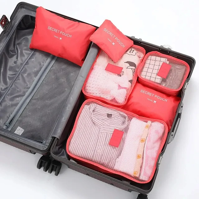 Sacs de voyage pour bagages, 6 pièces, sac de rangement pour sous-vêtements et chaussures, pochette de valise en tissu imperméable Oxford, organisateur Cube rouge pour vêtements – Image 2