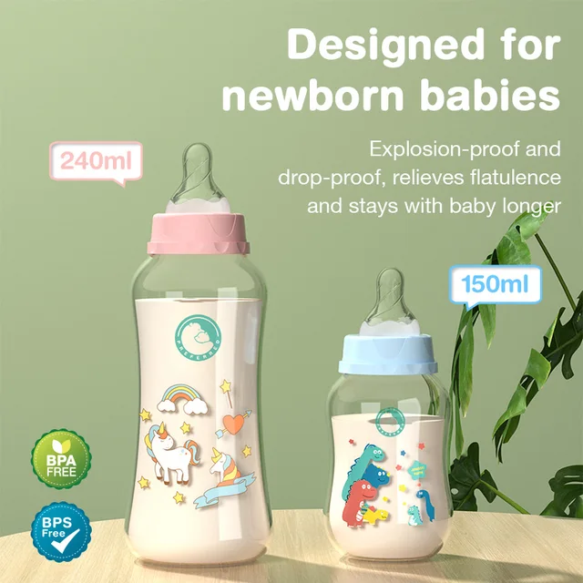 Dr.isla-BiSantos à large ouverture avec poignée pour bébé, bouteille de lait pour nouveau-né, tasse pour bébé, motif, sans BPA, PP, 150 ml, 240ml