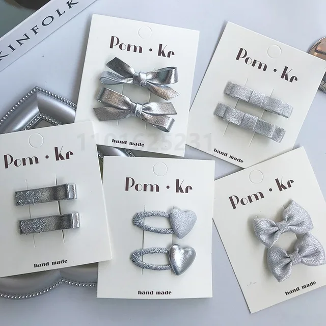 Pinces à cheveux avec nœud en cuir argenté pour enfants, couvre-chef coréen pour filles douces, épingles à cheveux en forme de cœur scintillant, accessoires pour cheveux en tissu pour bébé, nouvelle collection 2024 – Image 4