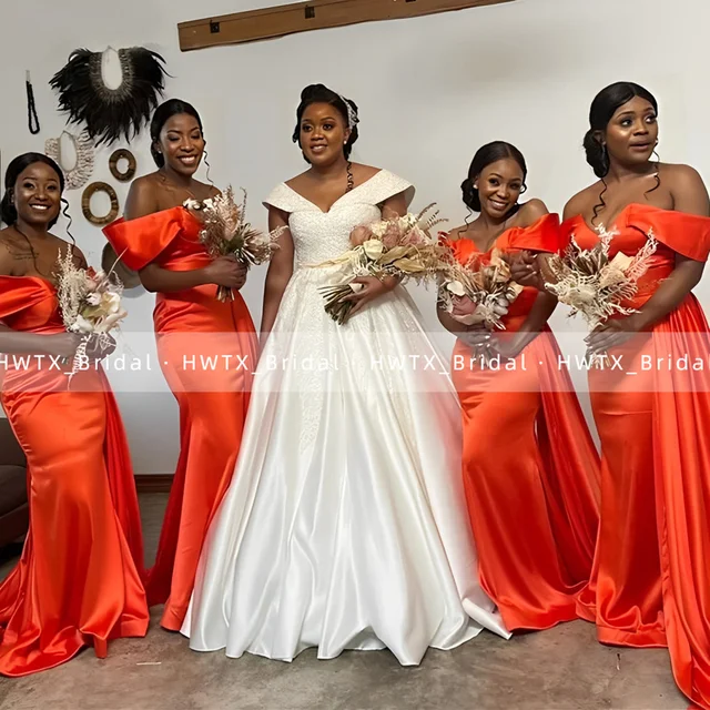 Robes de demoiselle d'honneur longues Orange, style sirène, épaules dénudées, personnalisées, grande taille, robe de soirée trompette, pour invités de mariage, nouvelle collection