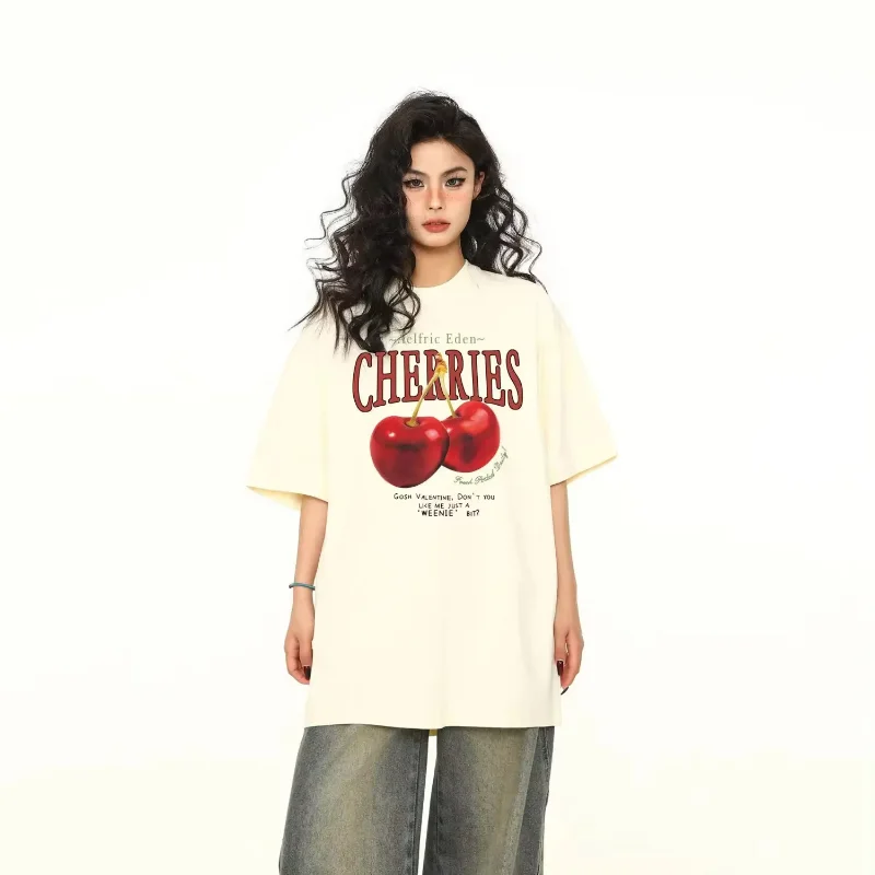T-shirt d'été américain en pur coton, imprimé cerise rétro, demi-manches, ample, manches courtes, haut Simple pour hommes et femmes, Couples Y2k