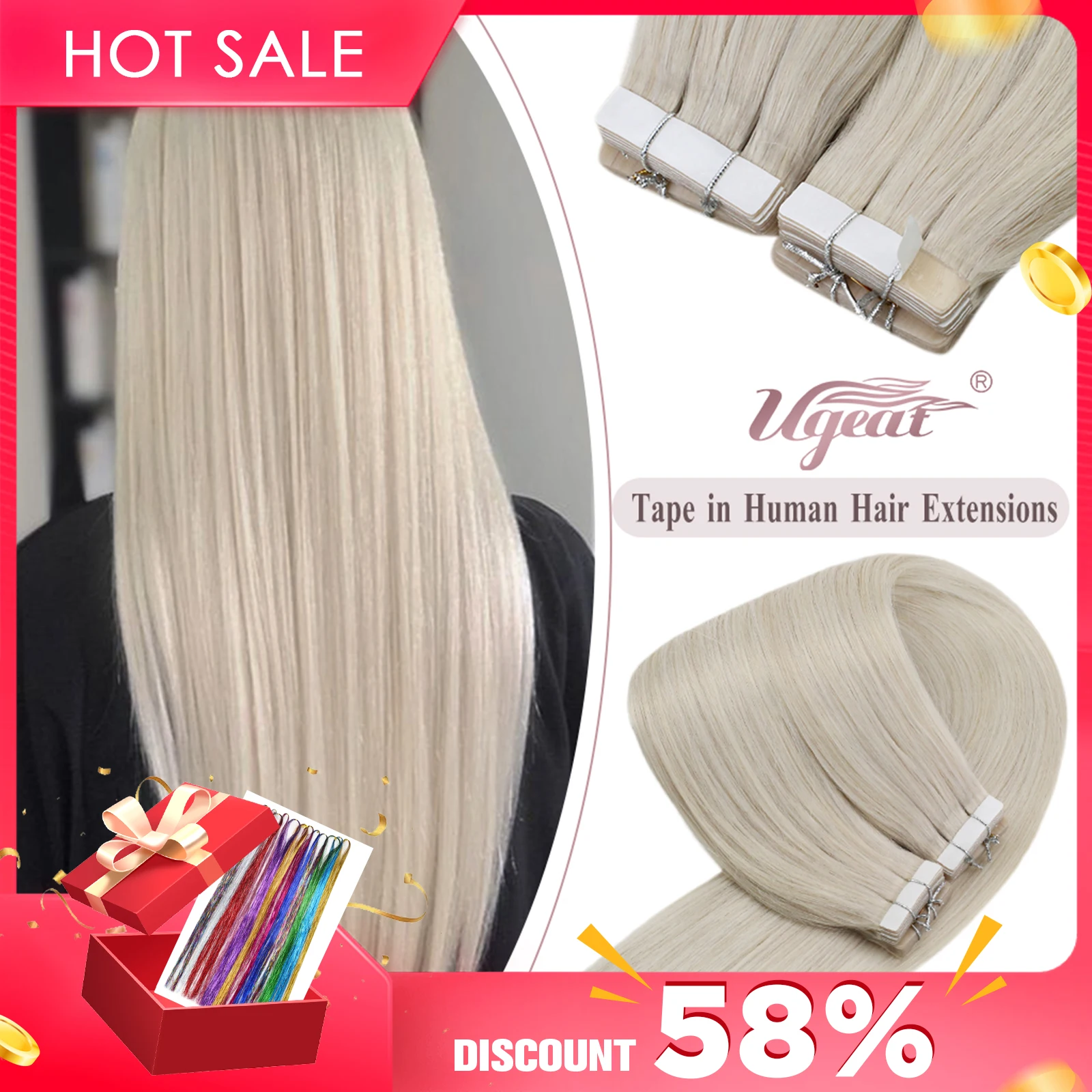 Ugeat bande dans les Extensions de cheveux cheveux humains réel naturel brésilien Remy cheveux droite sans couture peau trame pour les femmes Balayage 20 P/40 P
