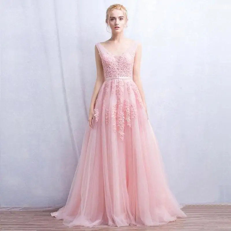 Cadeau d'anniversaire en Stock robe De bal élégante en Tulle Appliques robe De soirée perlée col en V robe De demoiselle d'honneur robes De Fiesta