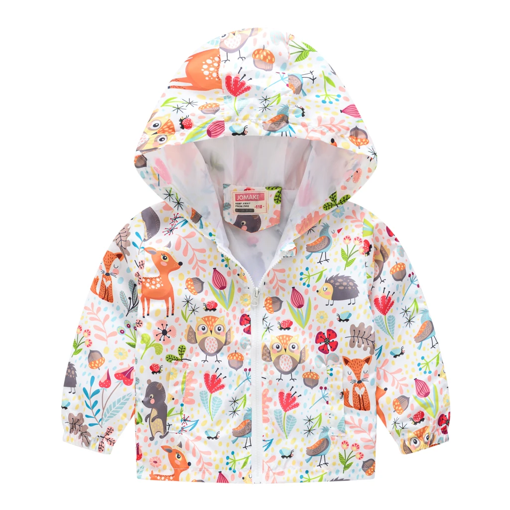 Veste coupe-vent à capuche pour filles, divers imprimés graphiques de dessins animés, manteau à fermeture éclair, vêtements de printemps pour enfants
