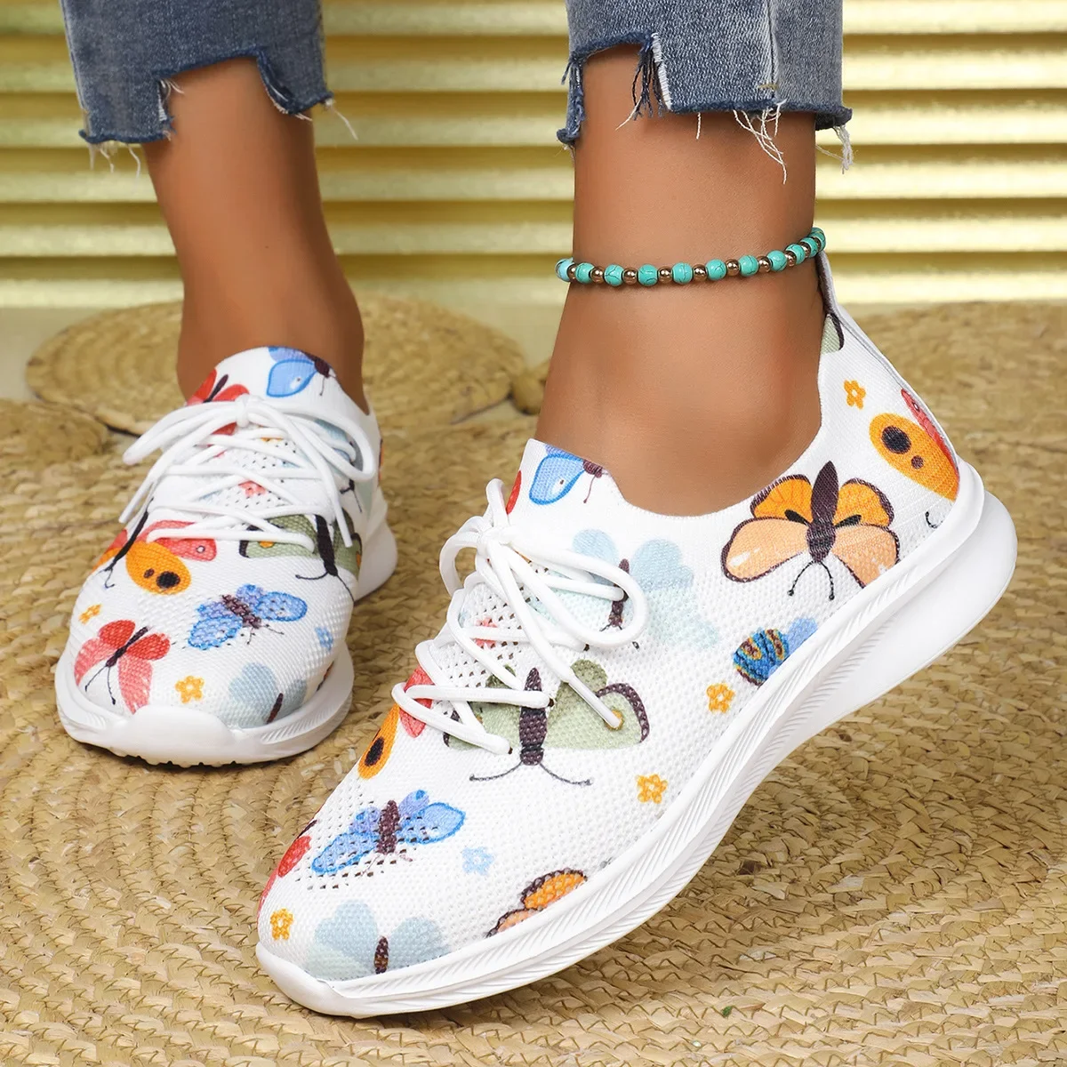 Chaussures de course légères et respirantes pour femmes, chaussures de sport décontractées tricotées, grande taille, impression Web, plates, nouvelle collection automne 2024