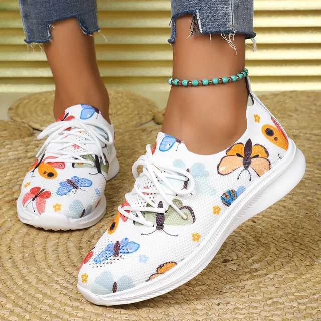 Chaussures de course légères et respirantes pour femmes, chaussures de sport décontractées tricotées, grande taille, impression Web, plates, nouvelle collection automne 2024