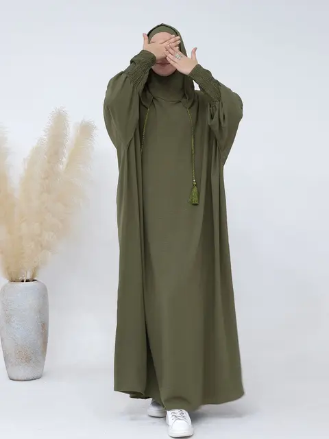 Jilbab-Abaya Hijab à Capuche pour Femme, Couleur Unie, Décontracté, Manches Chauve-Souris, Pompon, Prière Musulmane Saoudite, Kaftan, Robes Finbâton
