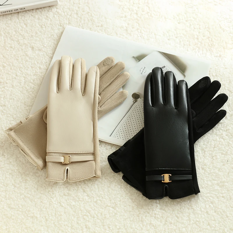 1 paire de gants pour femmes en hiver doublés de polaire pour Heattech et écran tactile Pu gants de cyclisme et de conduite élégants et exquis