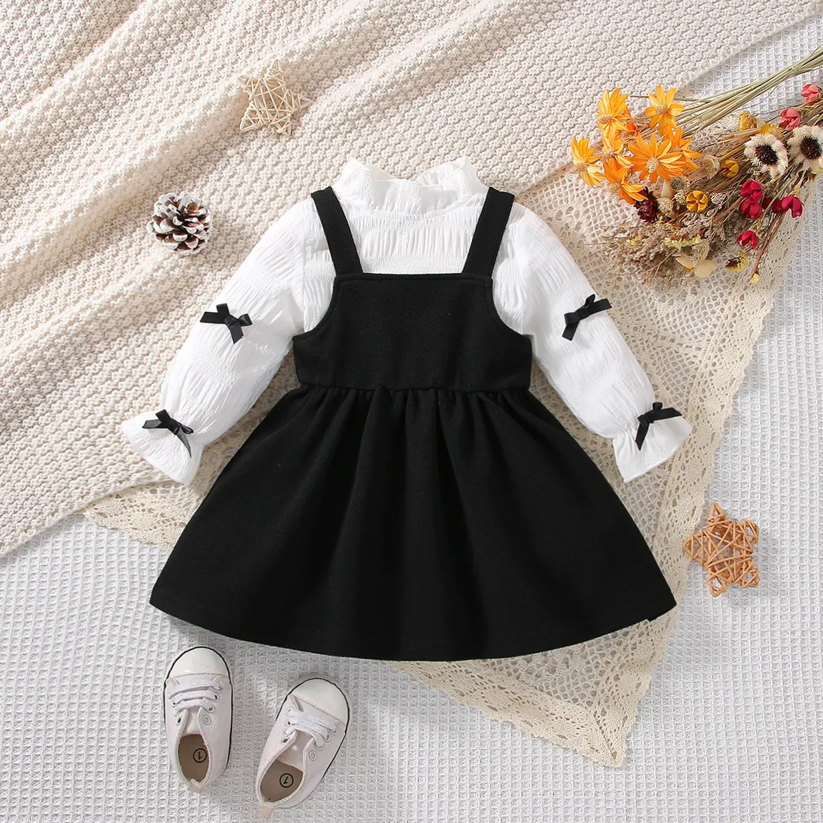 2 pièces bébé fille printemps et automne doux nouveau Style belle décontracté blanc à manches longues noir sangle jupe confortable