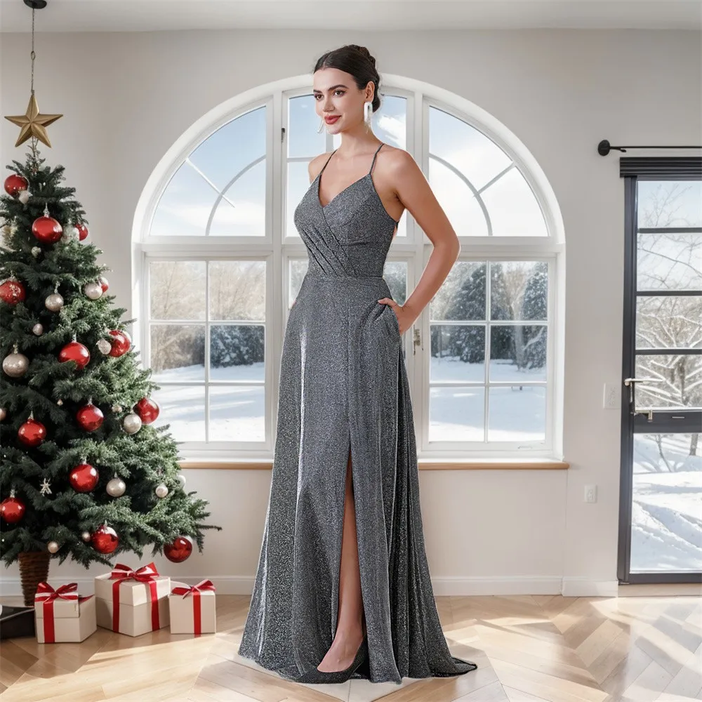 BABYONLINE-Robes de Rhavec poche pour femme, tissu lurex, bretelles spaghett sexy, fente dos nu, longue soirée formelle, quoi que ce soit pour la fête