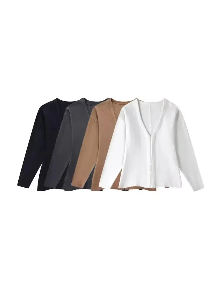 TRZA-pull Cardigan en tricot ajusté à crochet sur le devant pour femmes, col en V, manches longues, ourlet fendu sur le côté, vêtements d'extérieur pour femmes, hauts chics, à la mode