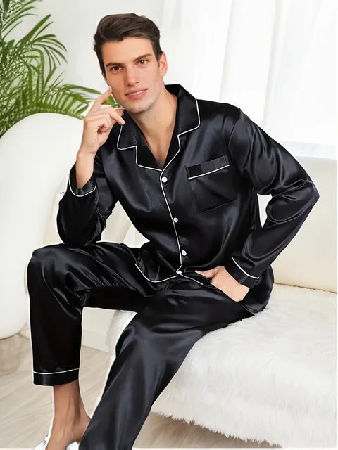 Men Pajama Sets Microfiber Sleepwear For Sleeping Man Shirt Silk Long Sleeve Pyjama Male Home Night Wear Plus Size Loungewear – Image 4
